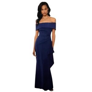 Xscape Women's‎ Off-the-Shoulder Gown, Navy Blue Size 4P NWT